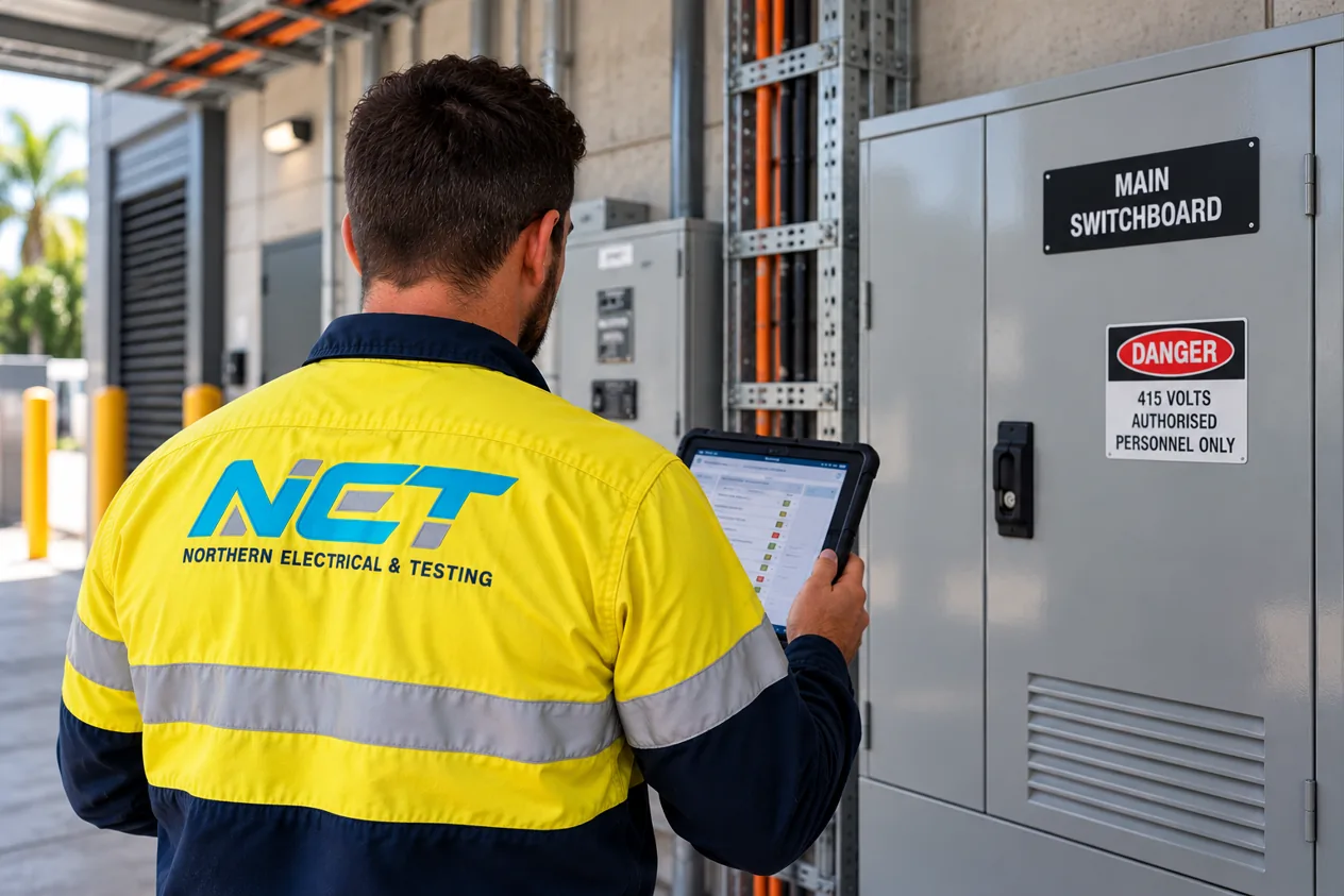 Northern Electrical & Testing technician with a tablet recording an inspection beside a commercial main switchboard