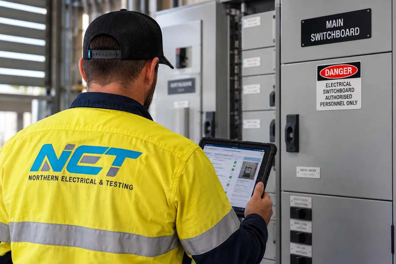 Northern Electrical & Testing electrician using a tablet to record a commercial main switchboard inspection
