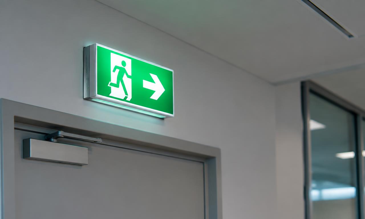 Illuminated green emergency exit sign above a door in a commercial building corridor